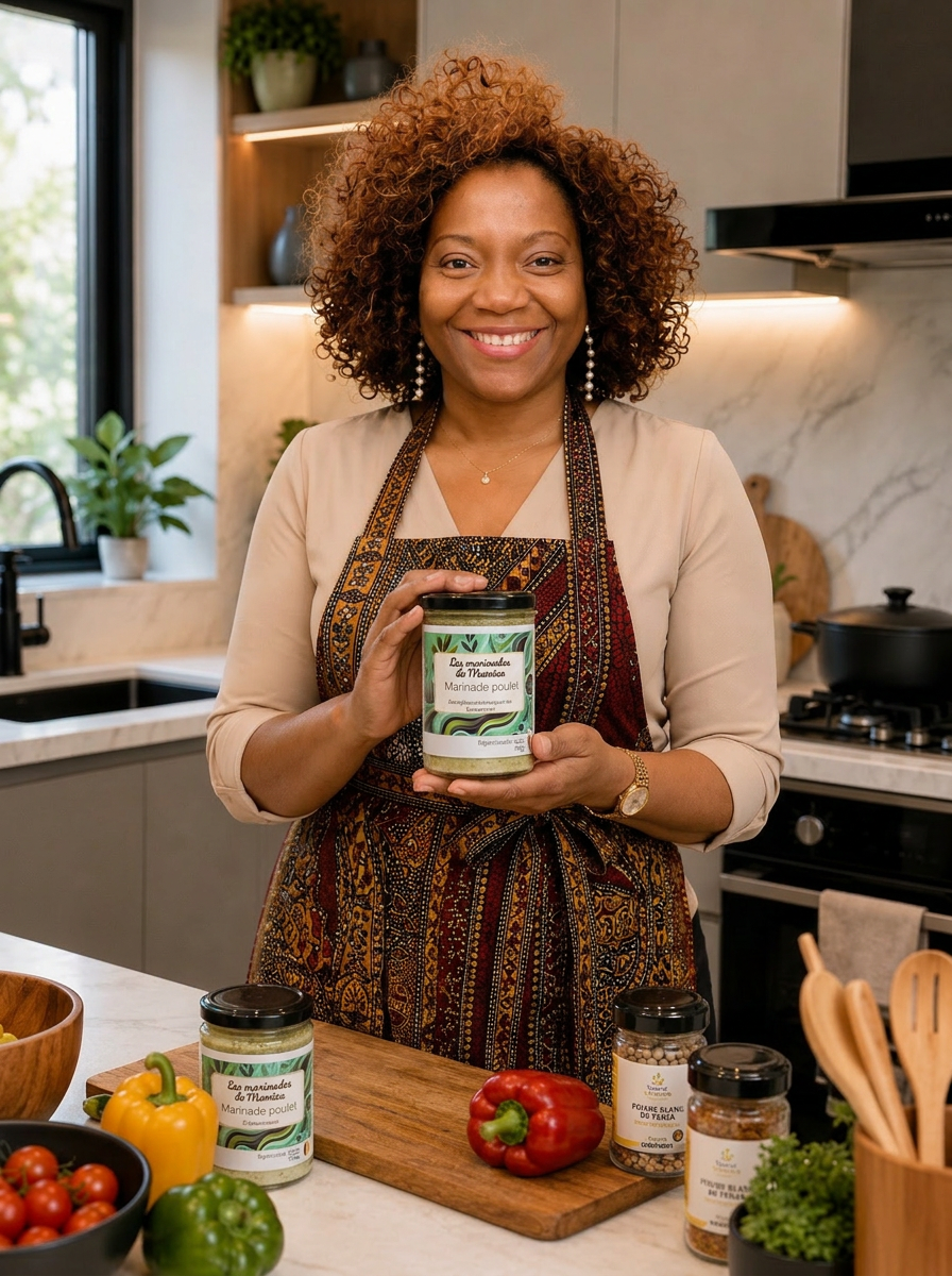 Laurence, fondatrice, tenant un pot de marinade Mamiza